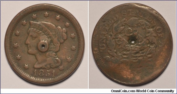 Large cent - holed. Used as a washer