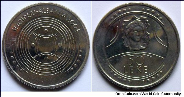 50 leke.
2004, Albanian Atiquity - The Mosaic, Beauty of Durres. Cu-ni. Weight; 5,50gr. Diameter; 24,25mm.
Mintage: 200.000 units.