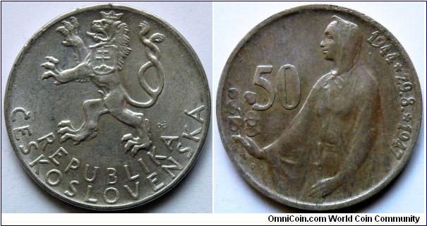 50 korun.
1947, Czechoslovakia. 3rd Anniversary of Slovak Uprising.
Ag 500. Weight; 10gr.
Diameter; 28mm.
Mintage: 1.000.000 units.