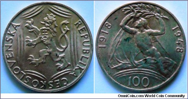 100 korun.
1948, Czechoslovakia. 30th Anniversary of Independence. Ag 500. Weight; 14gr.
Diameter; 31mm. Mintage: 1.000.000 units.