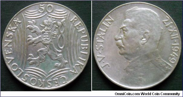 50 korun.
1949, Czechoslovakia.
70th Birthday of Josef Stalin.
Ag 500. Weight; 14gr. Diameter; 28mm. Mintage: 1.000.000 units. 