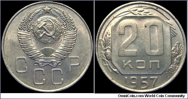 Russia - 20 Kopeks - 1957 - Weight 3,6 gr - Copper-Nickel - Size 21,8 mm - Alignment Medal (0°) -Leader / Nikita Khrushchev (1955-64) - Edge : Milled - Reference Y# 125 (1957)
