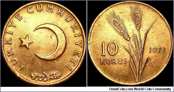 Turkey - 10 Kurus - 1973 - Weight 3,5 gr - Bronze - Size 21 mm - Alignment Coin (180°) - Edge : Plain - Mintage 11 930 000 - Reference KM# 891.2 (1969-73)