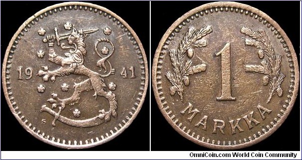 Finland - 1 Markka - 1941 - Weight 4,0 gr - Copper - Size 21 mm - Thickness 1,6 mm - Alignment Medal (0°) - Designer / Isak Sundell - Edge : Reeded - Mintage 8 970 000 - Reference KM# 30a (1940-51)