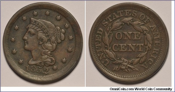 1852 N22 Large Cent Vf30/25 attributed by Grellman