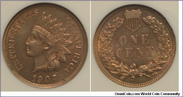 Indian Head Cent 1907 AU55 RD - ANACS