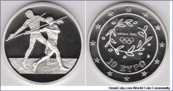 10 euros Silver Proof, Athens 2004 Olympic Games Javelin,Diameter:40 mm, Weight:34 gr,Silver .925 (sterling)